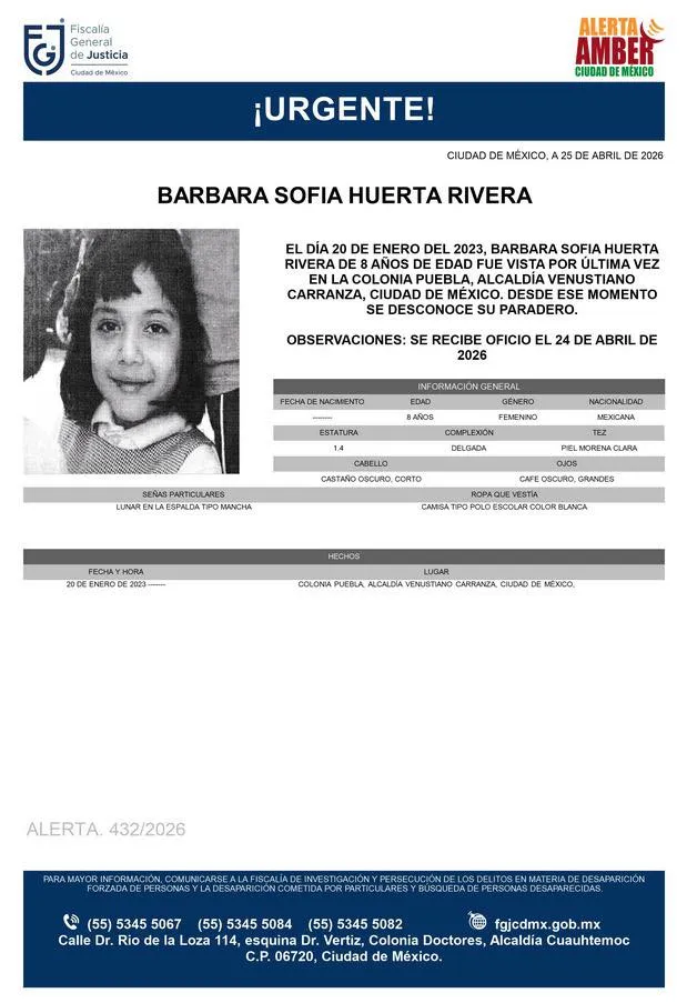 Alerta Amber: Se busca a Barbara Sofía Huerta Rivera de 8 años, desapareció en CDMX