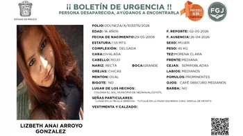Ficha de búsqueda emitida por la FGJEM bajo el Protocolo Alba: Se busca a Lizbeth Anai Arroyo González de 16 años, desapareció en Nezahualcóyotl.