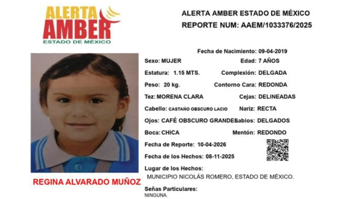 Alerta Amber oficial para localizar a Regina Alvarado Muñoz, de 7 años, desaparecida en Nicolás Romero, Estado de México.