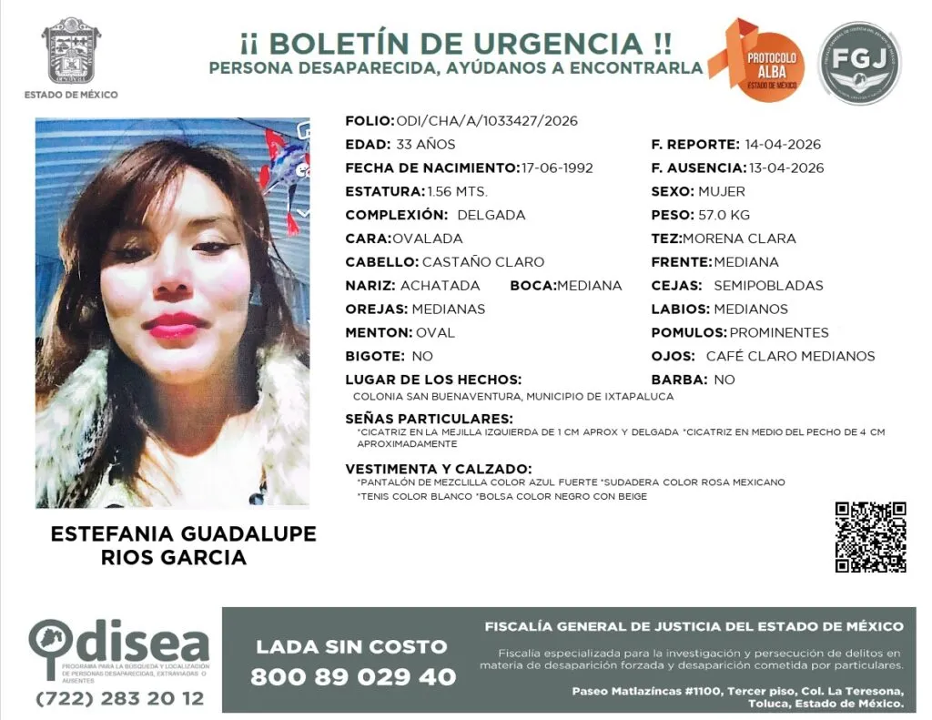 Protocolo Alba: Se busca a Estefanía Guadalupe Ríos García de 33 años, desapareció en Ixtapaluca