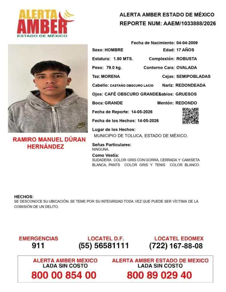 Alerta Amber: Se busca a Ramiro Manuel Durán Hernández, desaparecido en Toluca