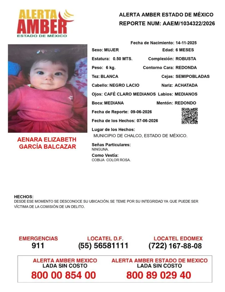 Alerta Amber: Se busca a Aenara Elizabeth García Balcázar, desaparecida en Chalco