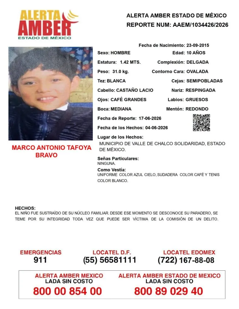 Alerta Amber: Se busca a Marco Antonio Tafoya Bravo, desaparecido en Valle de Chalco