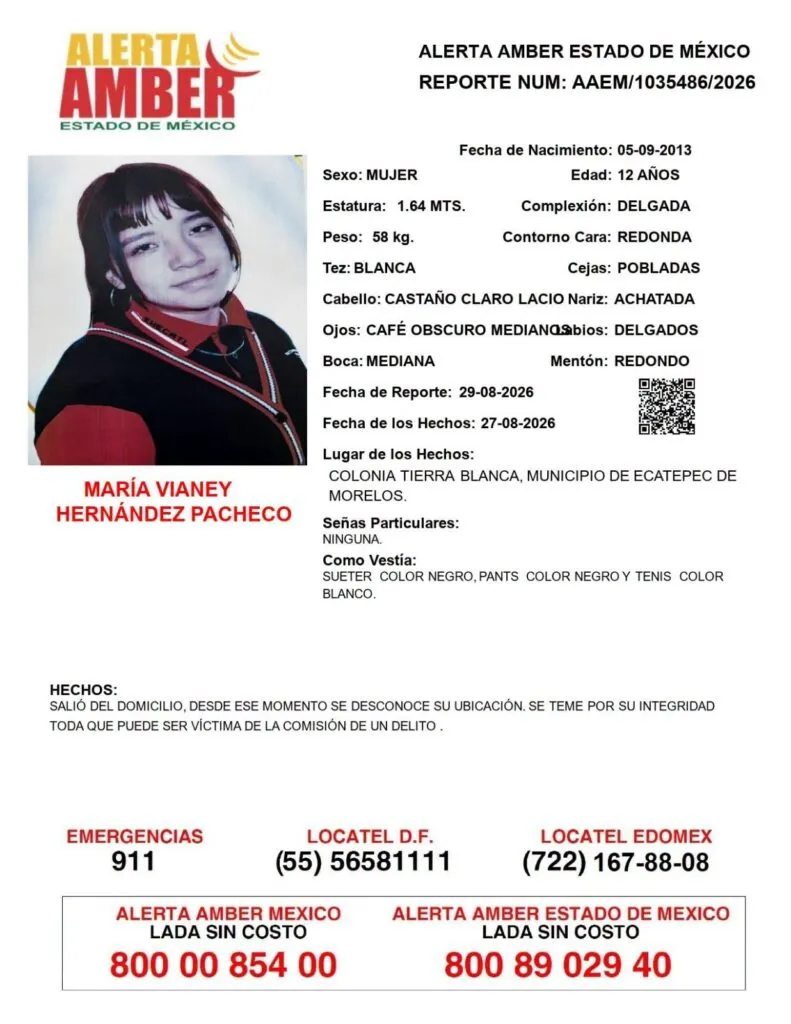 Alerta Amber: Se busca a María Vianey Hernández Pacheco, desapareció en Ecatepec