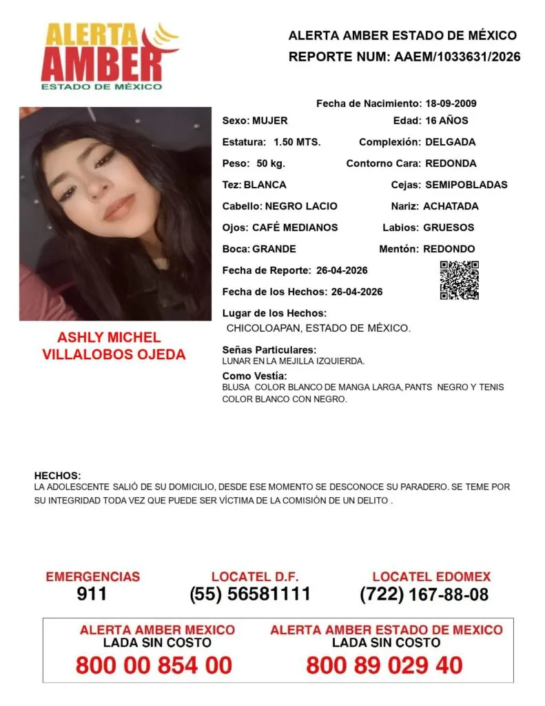 Alerta Amber: Se busca a Ashly Michel Villalobos desaparecida en Chicoloapan