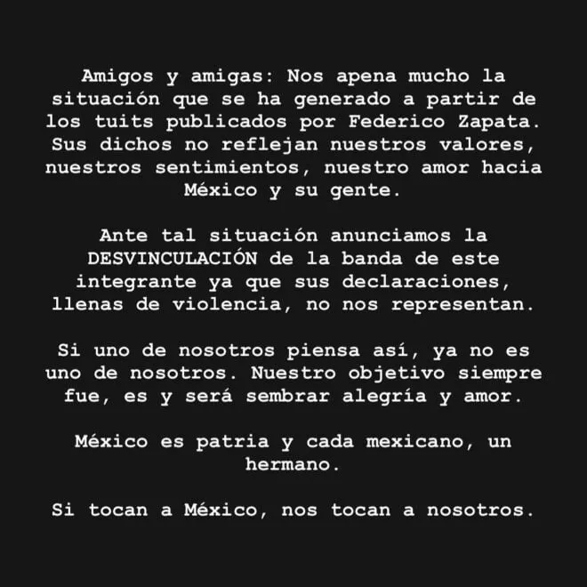 Integrante de Los Caligaris expulsado del grupo por insultar a México