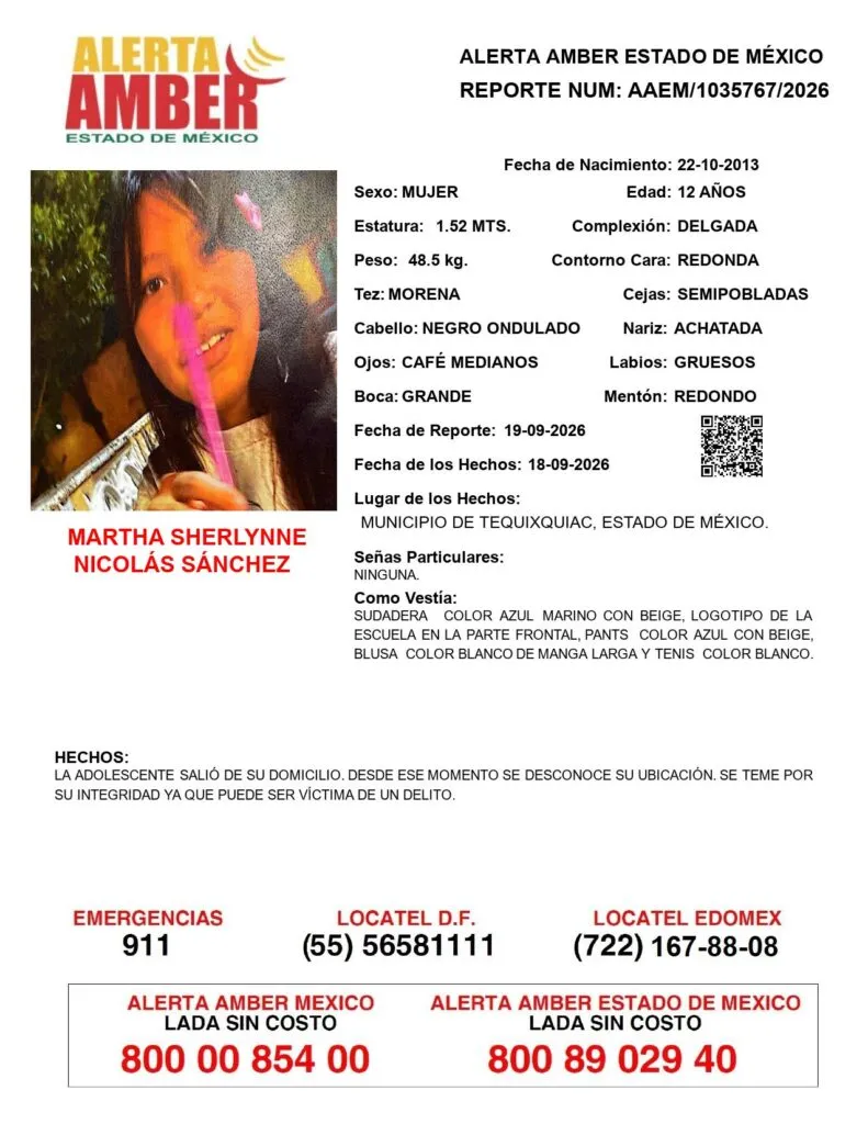 Alerta Amber: Se busca a Martha Sherlynne Nicolás Sánchez; desapareció en Tequixquiac