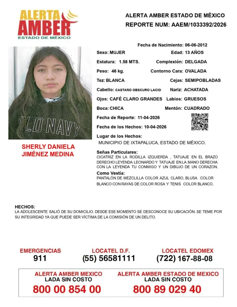Alerta Amber: Se busca a Sherly Daniela Jiménez Medina, desaparecida en Ixtapaluca