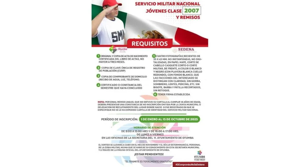 Requisitos para el Servicio Militar Nacional clase 2007 en Otumba