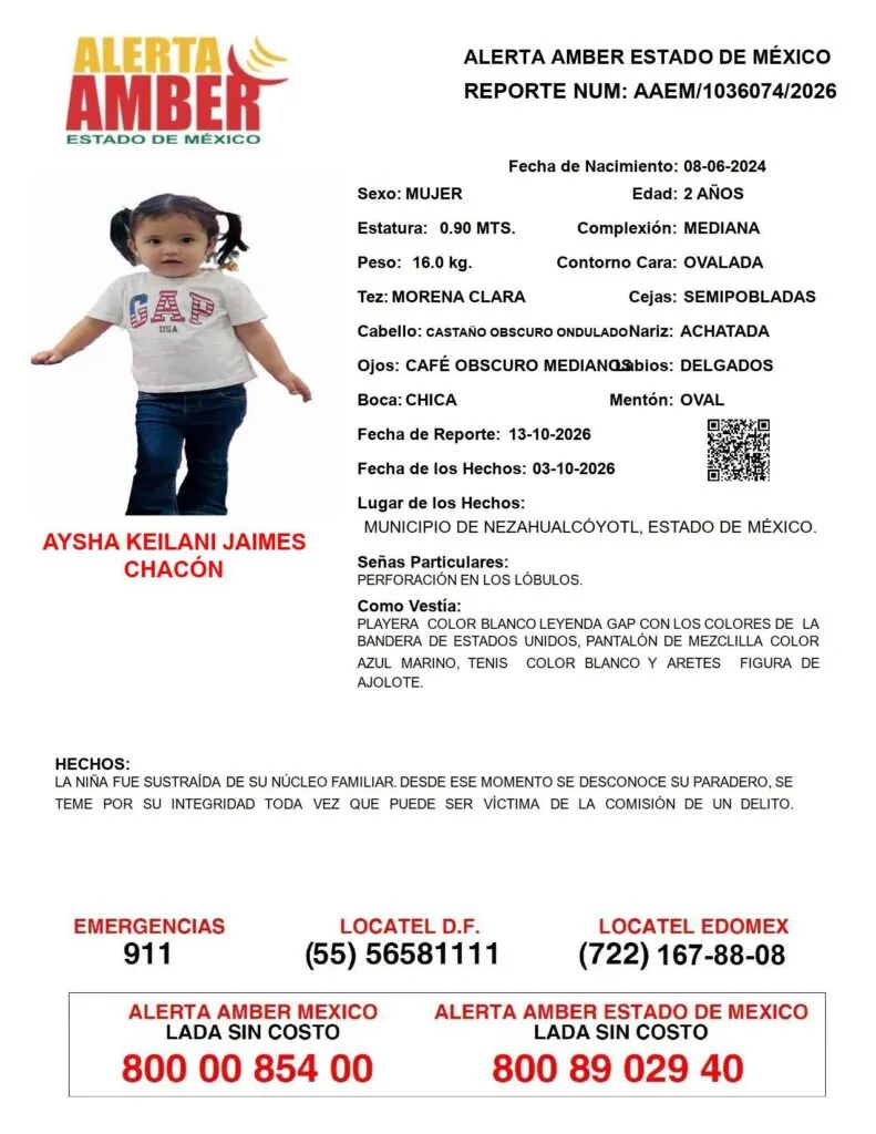 Alerta Amber: Se busca a Keilani Jaimes Chacón, desaparecida en Nezahualcóyotl