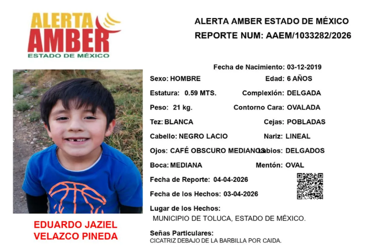 Alerta Amber en Toluca: Buscan al pequeño Eduardo Jaziel Velazco Pineda