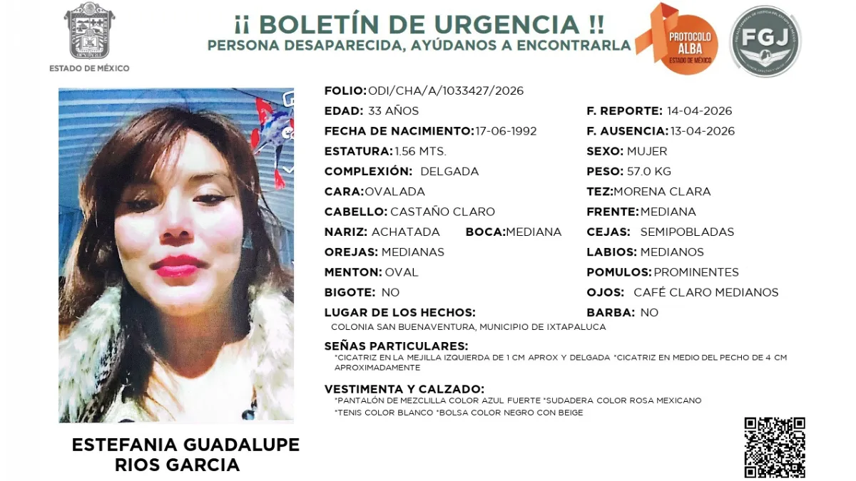 Boletín de urgencia emitido por la FGJEM para la localización de Estefanía Guadalupe Ríos García, desapareció en Ixtapaluca, Edomex.