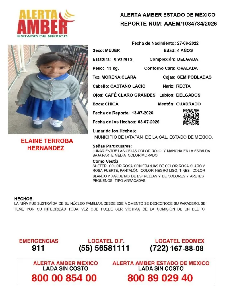 Alerta Amber: Se busca a Elaine Terroba Hernández; desapareció en Ixtapan de la Sal