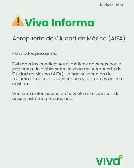 Operaciones en el AIFA se ven afectadas por banco de niebla