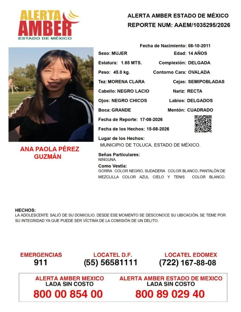 Alerta Amber: Se busca a Ana Paola Pérez Guzmán, desaparecida en Toluca