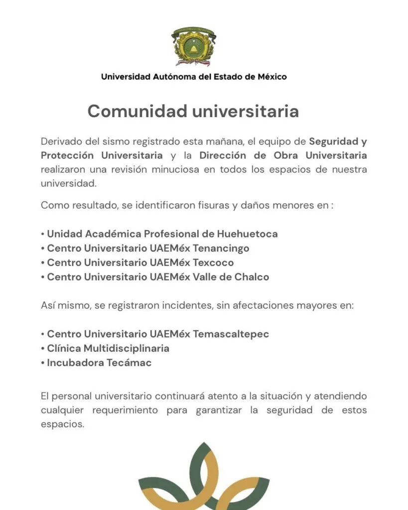 Sismo deja daños menores en recintos universitarios