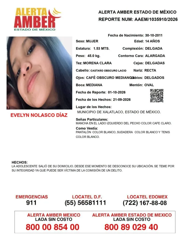Alerta Amber: Se busca a Evelyn Nolasco Díaz, desaparecida en Xalatlaco