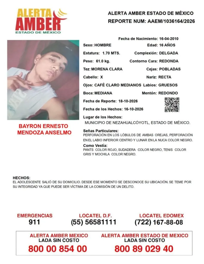 Alerta Amber: Se busca a Bayron Ernesto Mendoza Anselmo, desapareció en Nezahualcóyotl