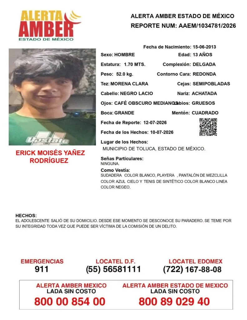 Alerta Amber: Se busca a Erick Moisés Yáñez Rodríguez, desaparecido en Toluca