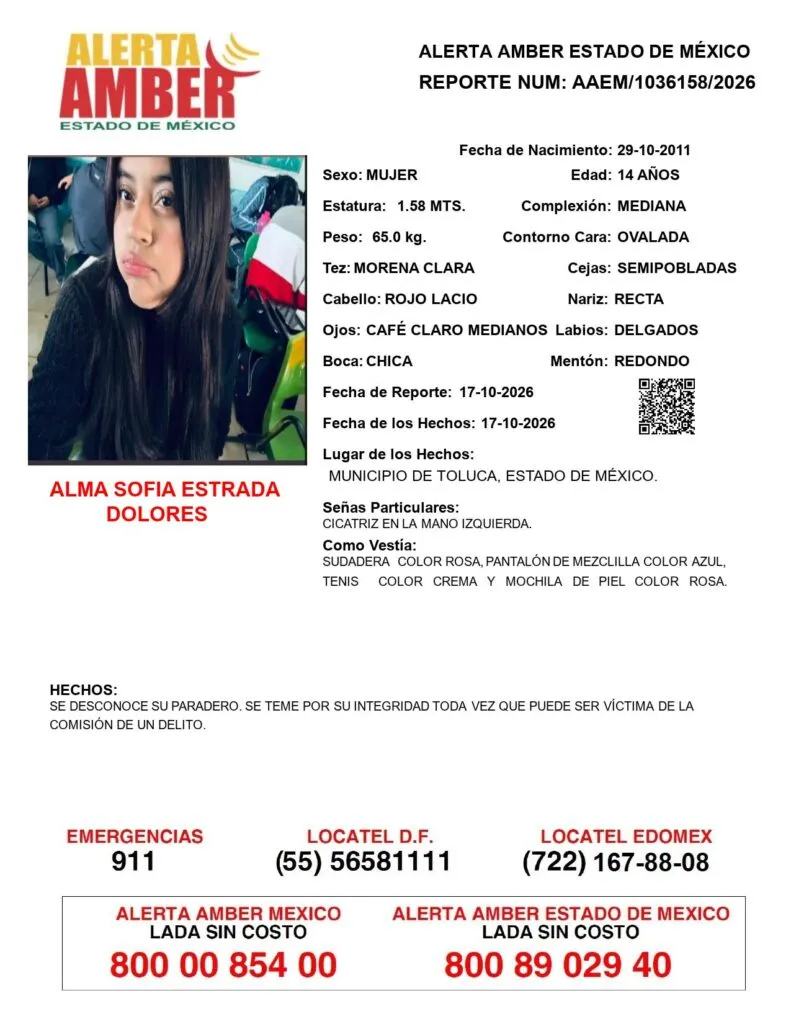 Alerta Amber: Se busca a Alma Sofía Estrada Dolores; desapareció en Toluca