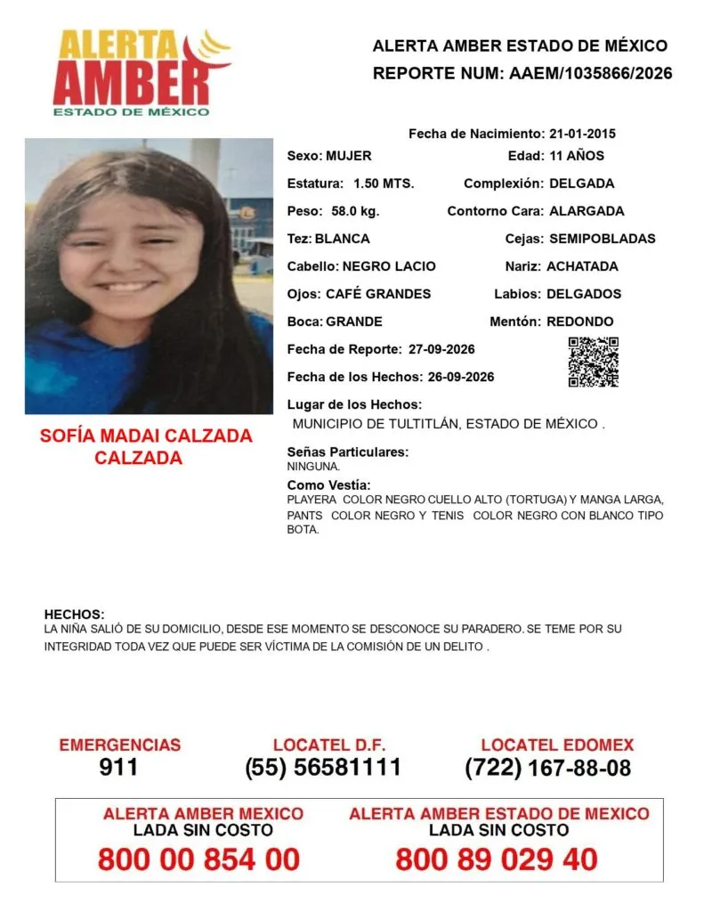 Alerta Amber: Se busca a Sofía Madai Calzada Calzada; desapareció en Tultitlán