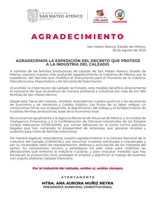El gobierno de San Mateo Atenco celebra decreto que protege a la industria del calzado