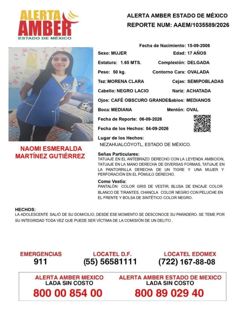 Alerta Amber: Se busca a Naomi Esmeralda Martínez Gutiérrez, desaparecida en Nezahualcóyotl