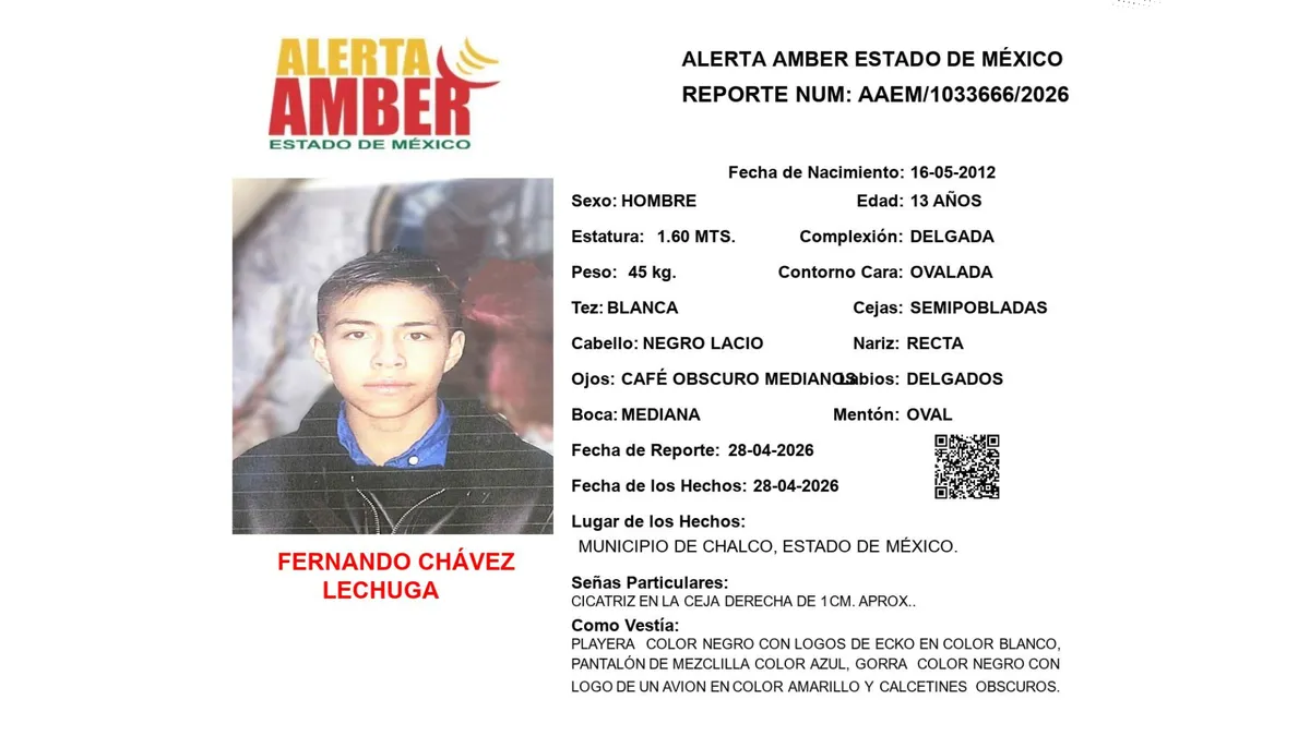 Alerta Amber: Se busca a Fernando Chávez Lechuga, desaparecido en Chalco