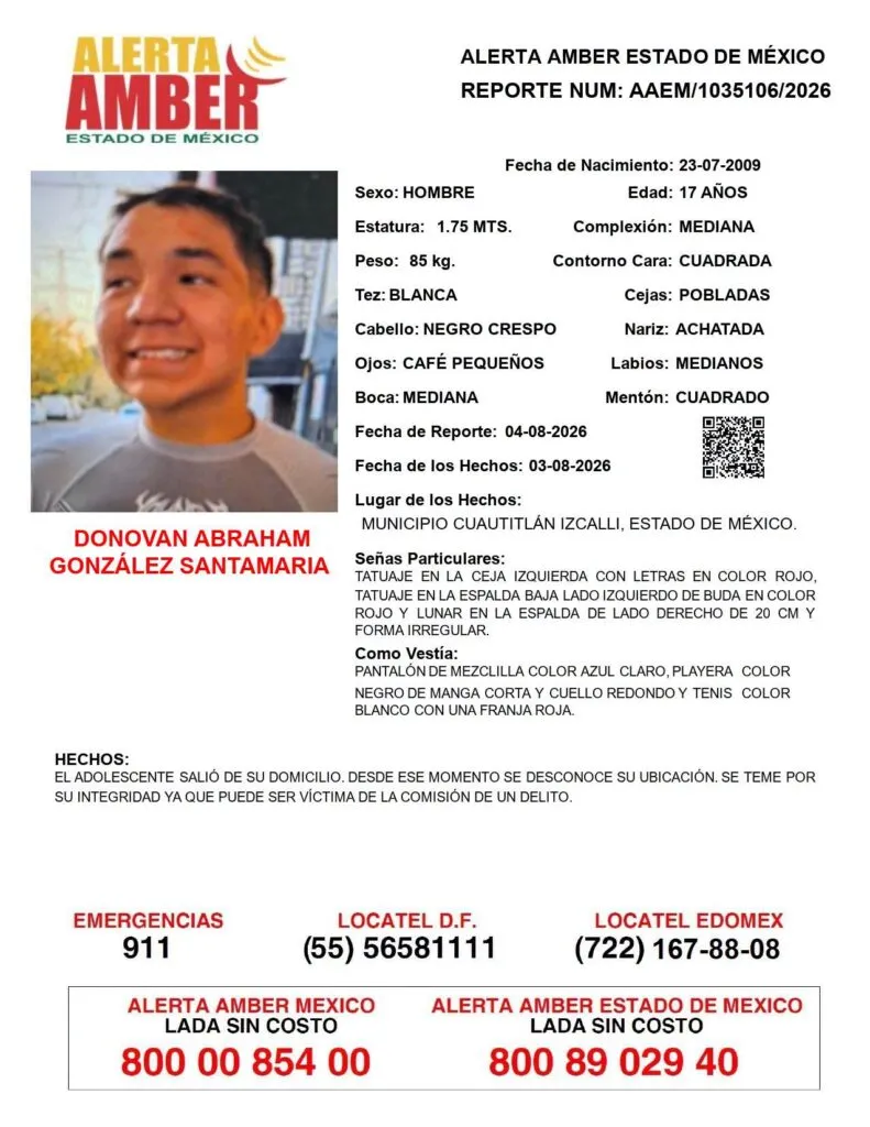 Alerta Amber: Se busca a Donovan Abraham González Santamaría, desaparecido en Cuautitlán Izcalli