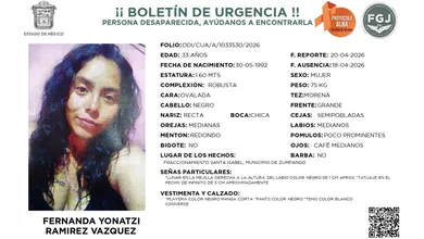 Boletín de búsqueda de Fernanda Yonatzi Ramírez Vázquez, de 33 años, desaparecida en Zumpango, Estado de México.