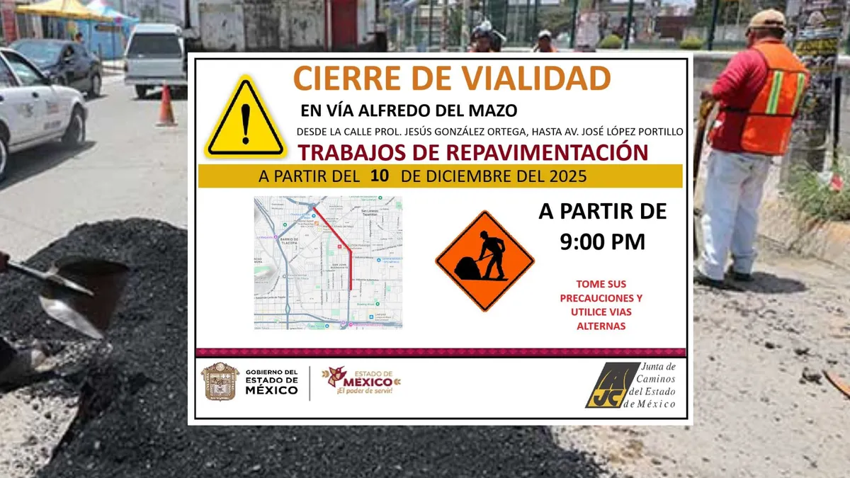 Anuncian cierre vial en Alfredo del Mazo por repavimentación