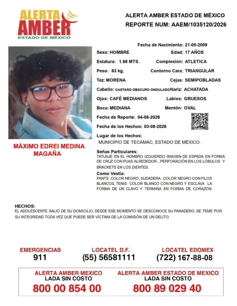 Alerta Amber: Se busca a Máximo Edrei Medina Magaña, desaparecido en Tecámac