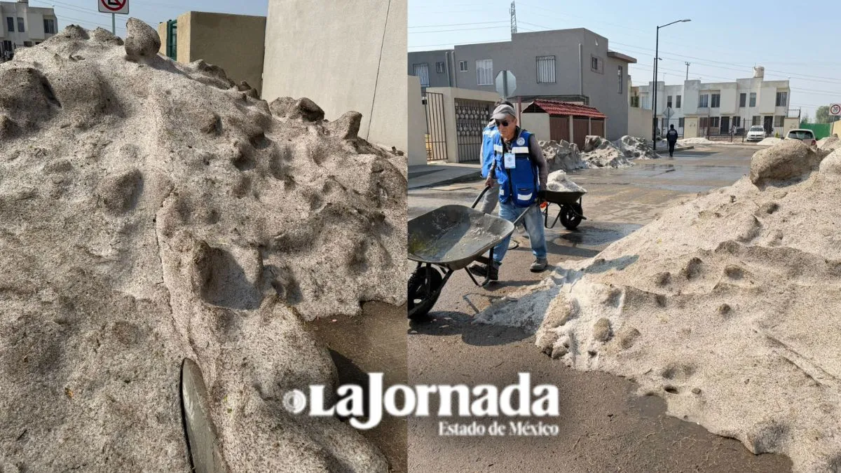 Montañas de granizo permanecen en Tecámac tras tormenta; brigadas realizan limpieza