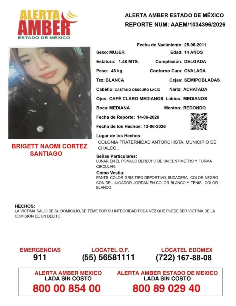 Alerta Amber: Se busca a Brigett Naomi Cortez Santiago, desaparecida en Chalco