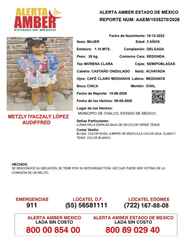 Alerta Amber: Se busca a Metzly Iyaczaly López Audiffred, desaparecida en Chalco