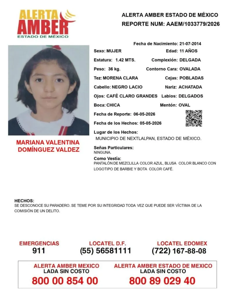 Alerta Amber: Se busca a Mariana Valentina Domínguez Valdez, desaparecida en Nextlalpan