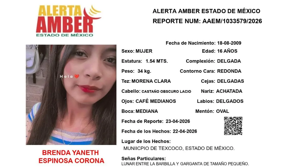 Ficha oficial de Alerta Amber para localizar urgentemente a Brenda Yaneth Espinosa Corona en el Estado de México.