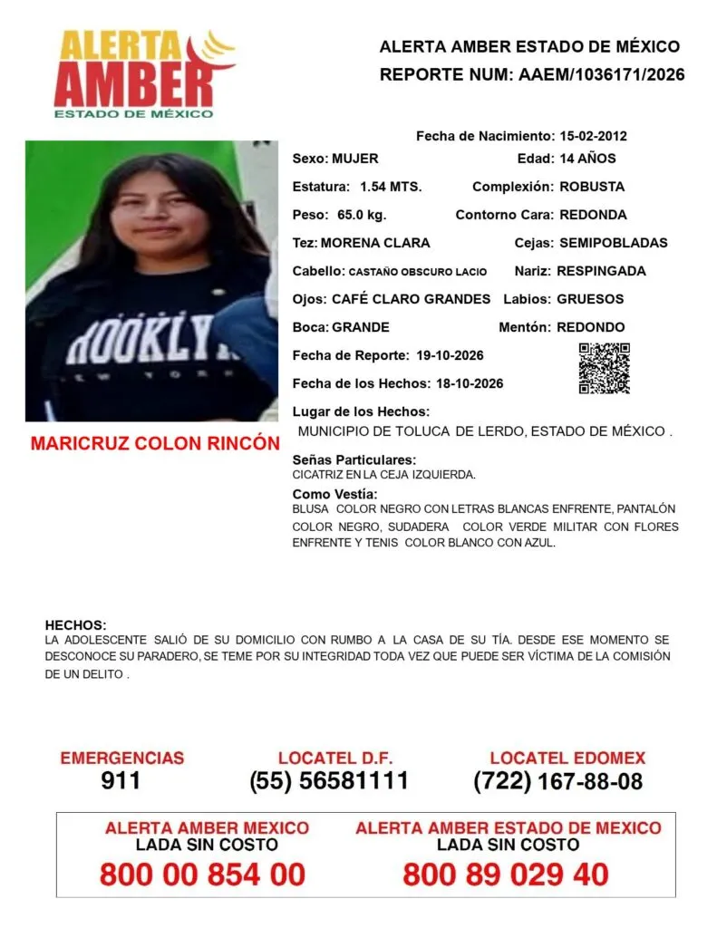 Alerta Amber: Se busca a Maricruz Colon Rincón; desapareció en Toluca