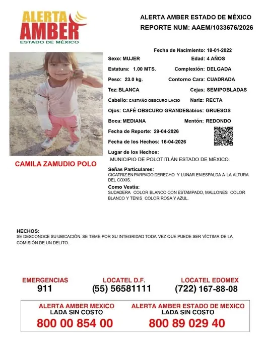 Alerta Amber: Se busca a Camila Zamudio Polo; desapareció en Polotitlán