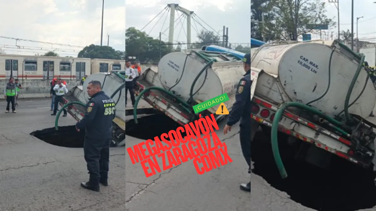 Autoridades resguardan megasocavón en Zaragoza tras incidente con pipa en Iztapalapa.