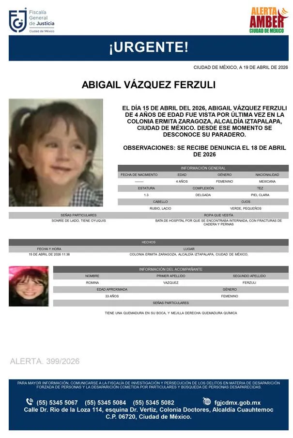 Alerta Amber: Se busca a Abigail Vázquez Ferzuli de 4 años, desapareció en Iztapalapa, CDMX