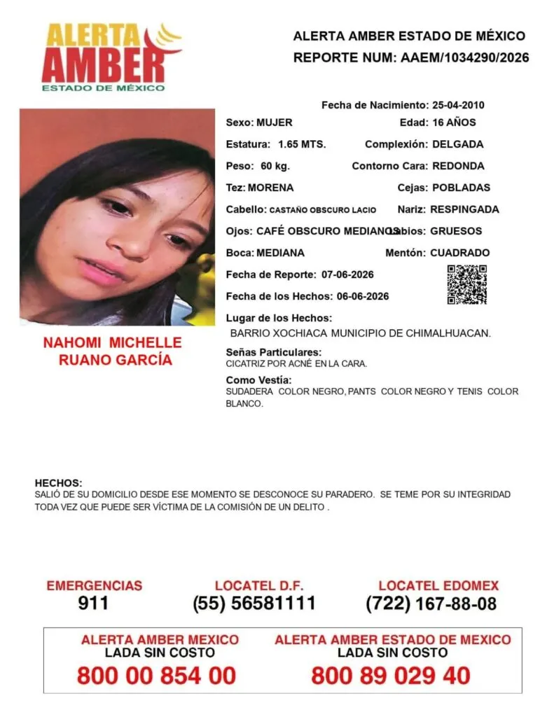 Alerta Amber: Se busca a Nahomi Michelle Ruano García, desaparecida en Chimalhuacán
