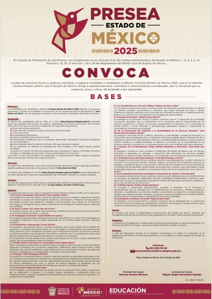 Convocatoria para participar por la Presea Edomex 2025