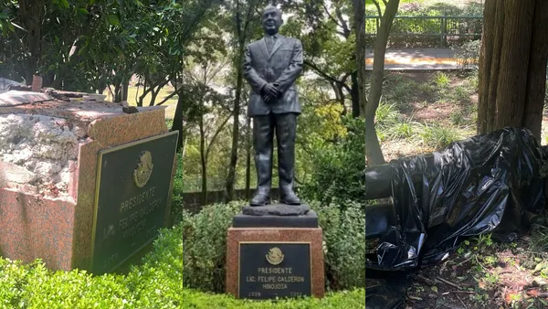 La estatua de Felipe Calderón fue derribada por un árbol en Los Pinos; continúa cubierta y sin fecha de restauración.