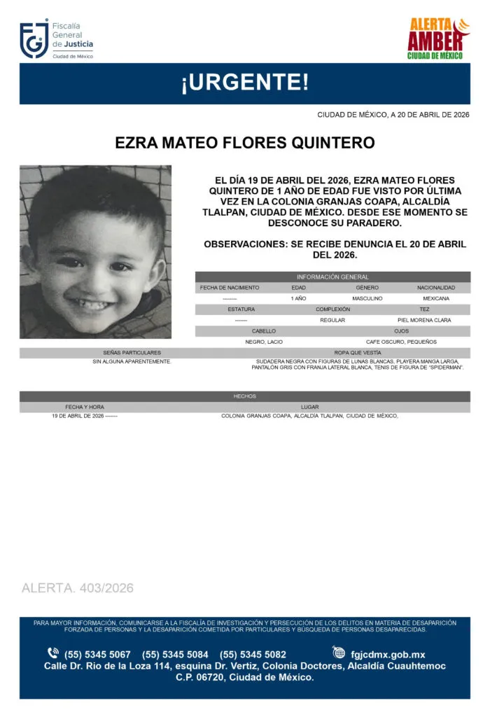 Alerta Amber: Se busca a Ezra Mateo Flores Quintero de 1 año, desapareció en Tlalpan, CDMX