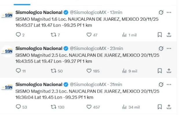 Sismológico Nacional registra que van tres sismos en Naucalpan, Edomex, este 20 de Noviembre