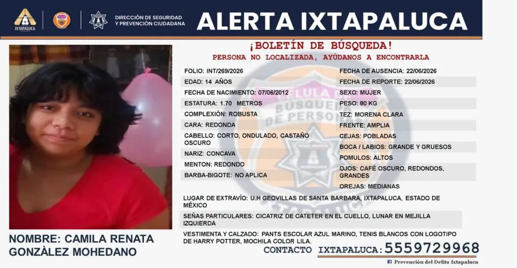 Desaparece Camila Renata González Mohedano de Ixtapaluca
