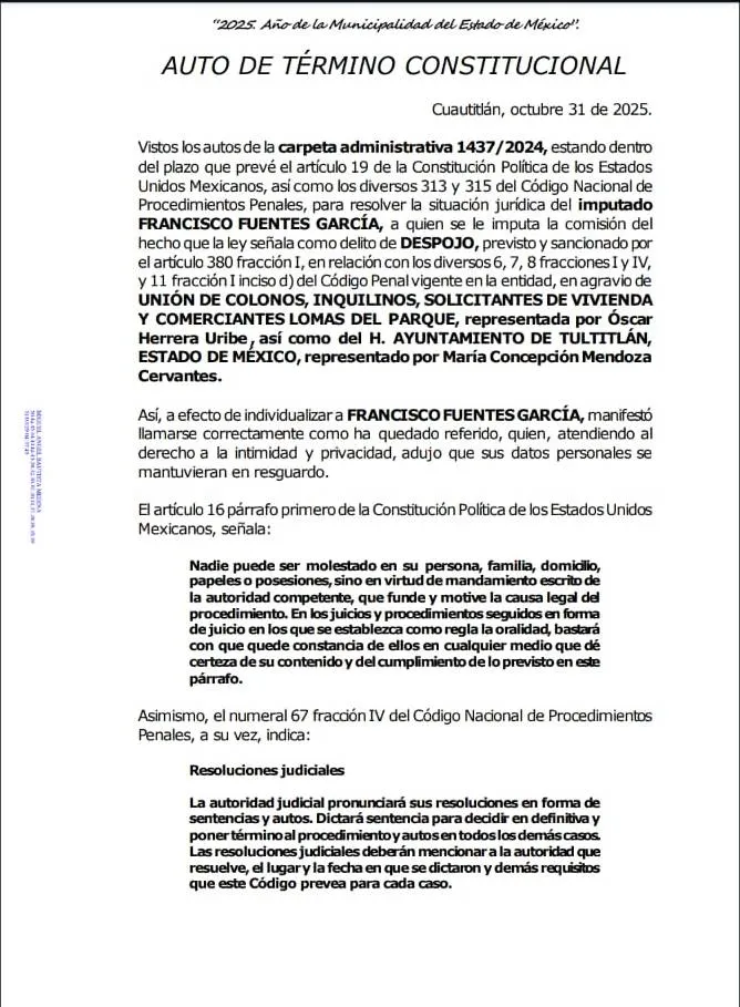Golpe a Tultitlán: Fuentes García queda libre, era acusado por despojo