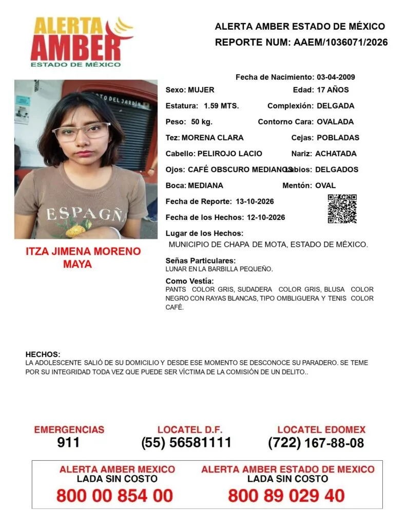 Alerta Amber: Se busca a Itza Jimena Moreno Maya; desapareció en Chapa de Mota