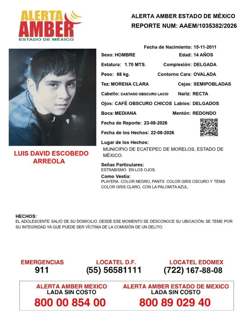 Alerta Amber: Se busca a Luis David Escobedo Arreola, desapareció en Ecatepec